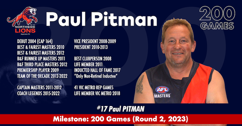 200 GAMES MILESTONE – PAUL PITMAN, NORTHSIDE LIONS